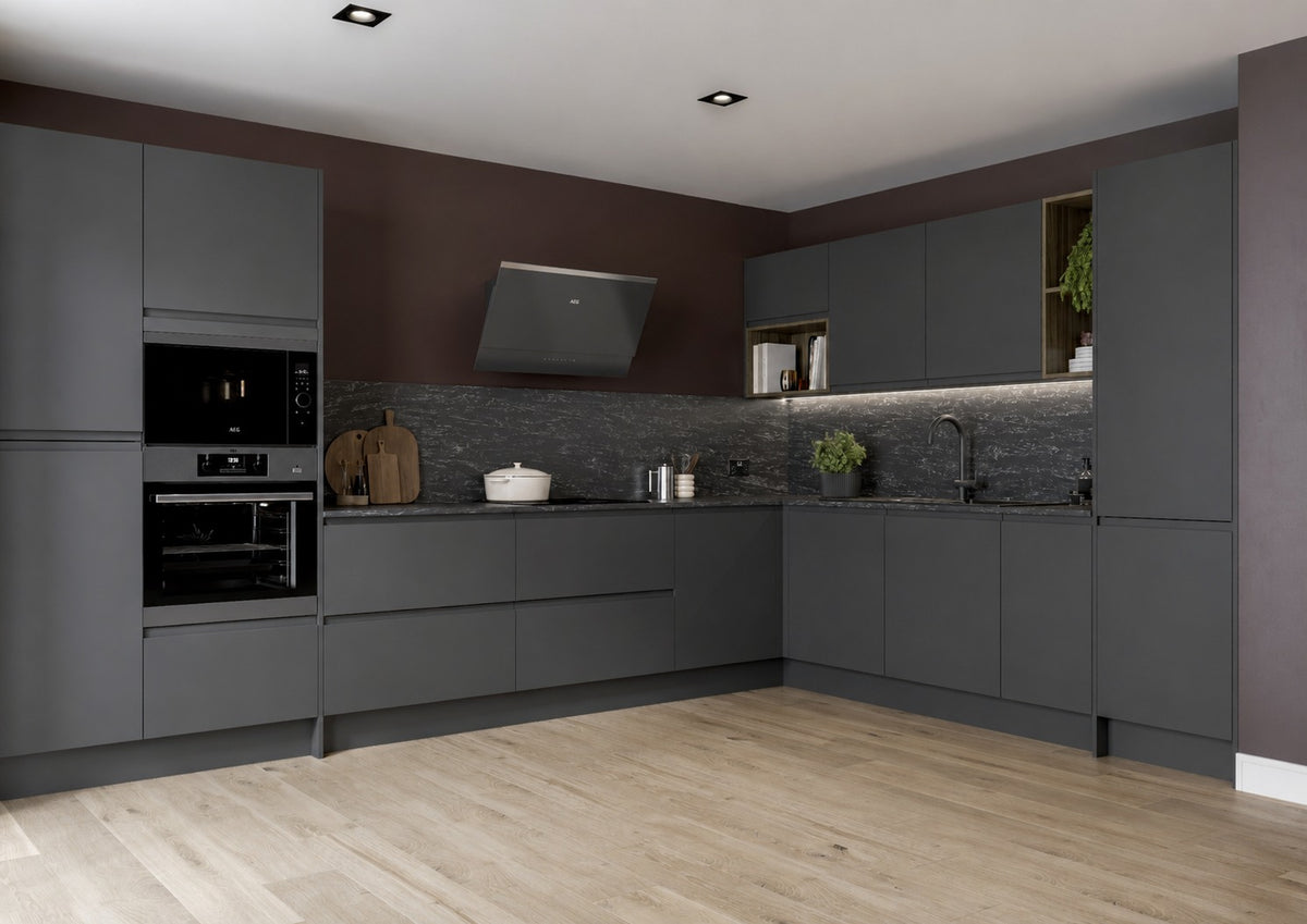 Anthracite grey J-Pull Handleless Door kitchen with integrated appliances