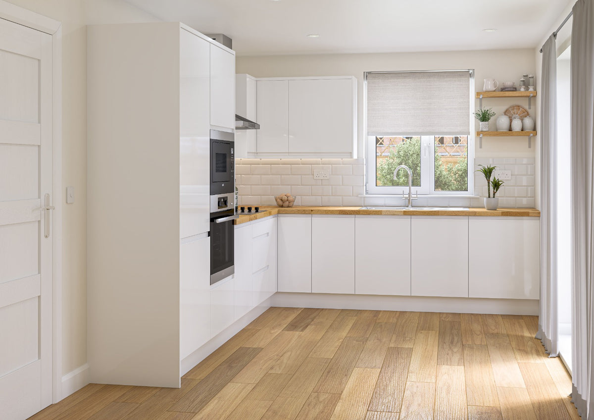 White gloss J-Pull Handleless Door kitchen with oak worktops