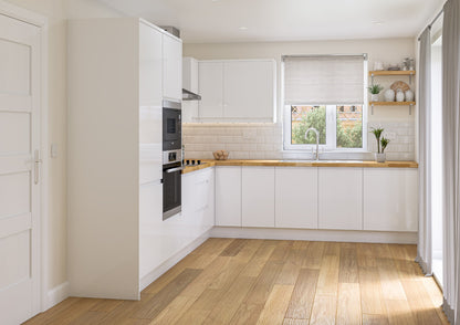White gloss J-Pull Handleless Door kitchen with oak worktops