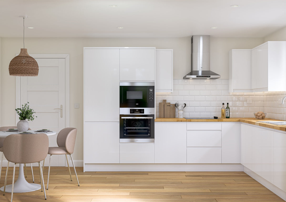 White gloss J-Pull Handleless Door kitchen with dining area and integrated appliances