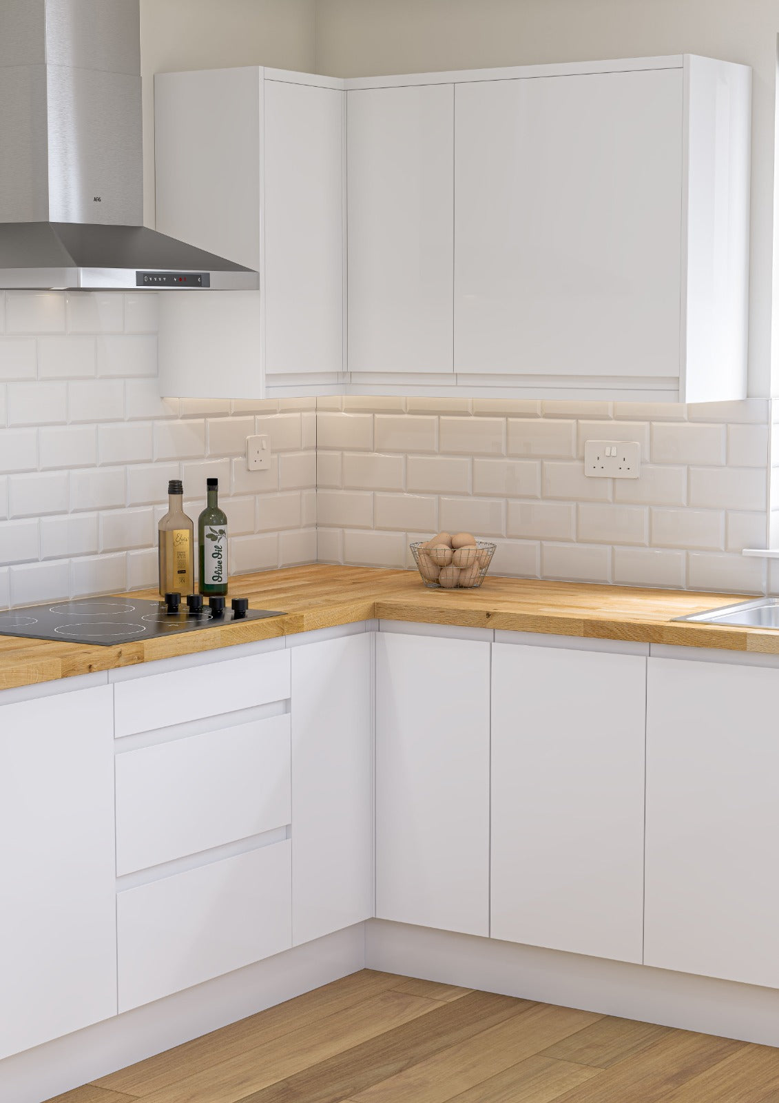 White J-Pull Handleless Door corner units with an oak worktop