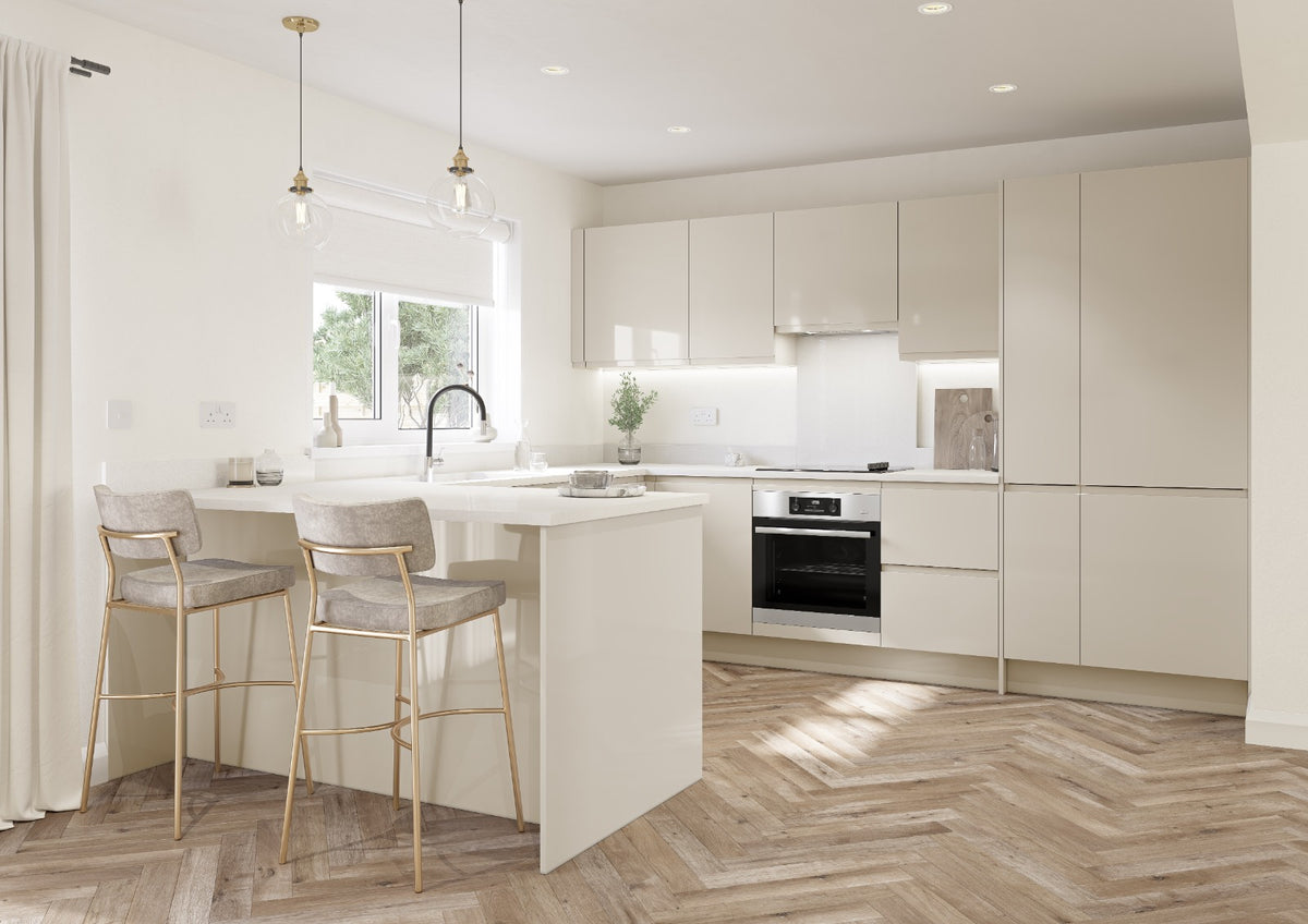 Ivory cream J-Pull Handleless Door kitchen with breakfast bar