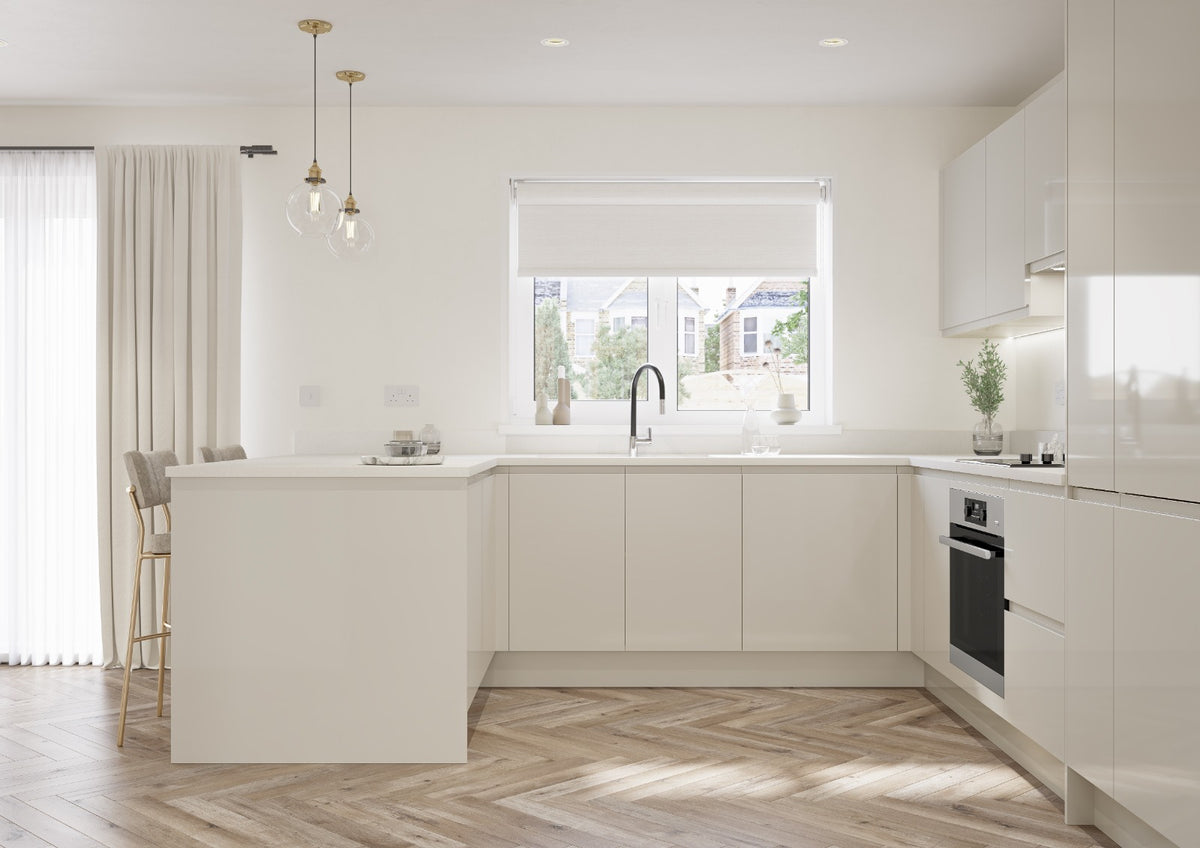 Ivory cream J-Pull Handleless Door U-shaped kitchen with peninsula