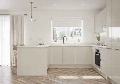 Ivory cream J-Pull Handleless Door U-shaped kitchen with peninsula