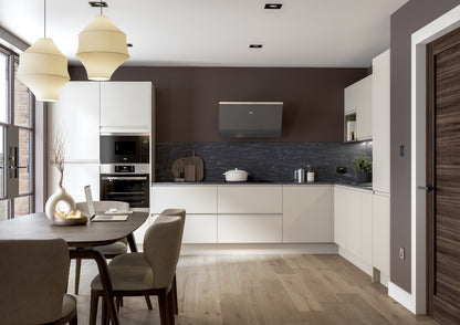 White J-Pull Handleless Door kitchen with dining table and dark splashback