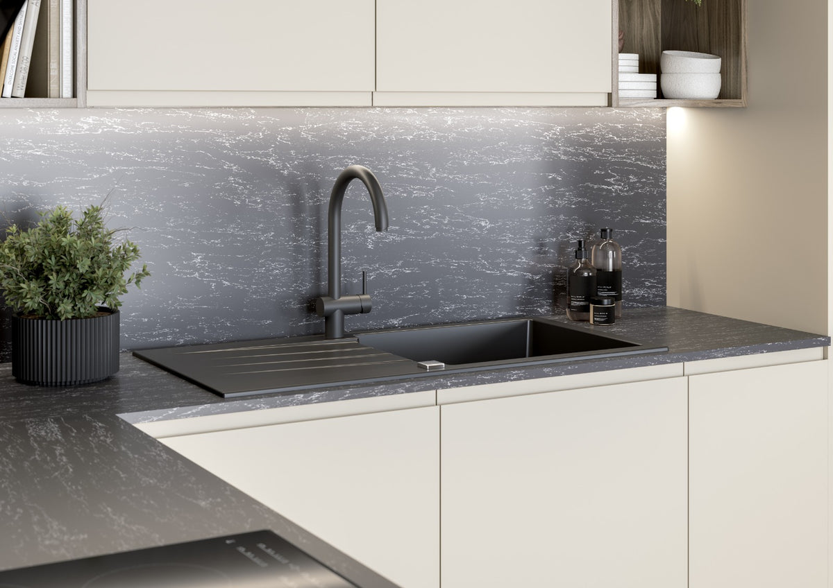 Ivory cream J-Pull Handleless Door cabinets with black sink and worktop