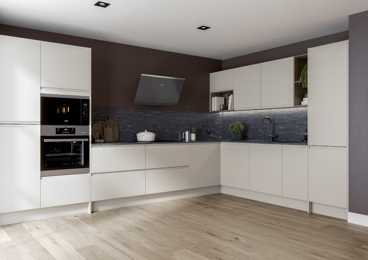 White J-Pull Handleless Door L-shaped kitchen with integrated appliances