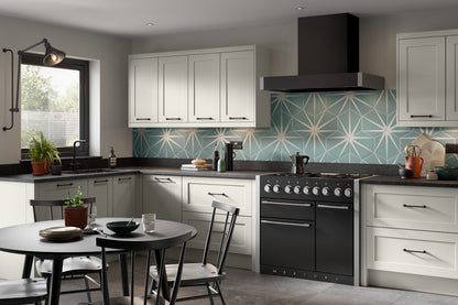 Ivory cream Shaker Door kitchen with black range cooker and patterned splashback