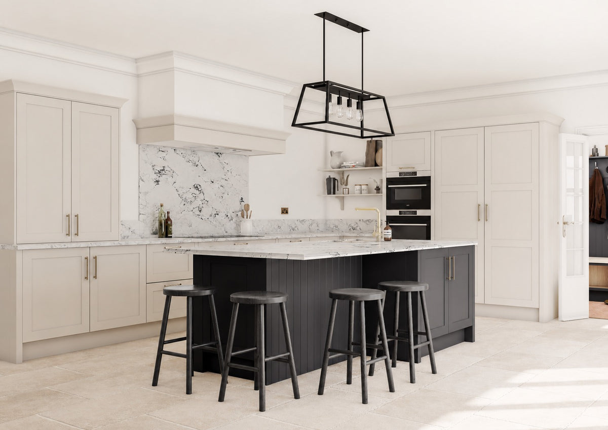 Ivory cream Shaker Door kitchen with black island and marble worktops